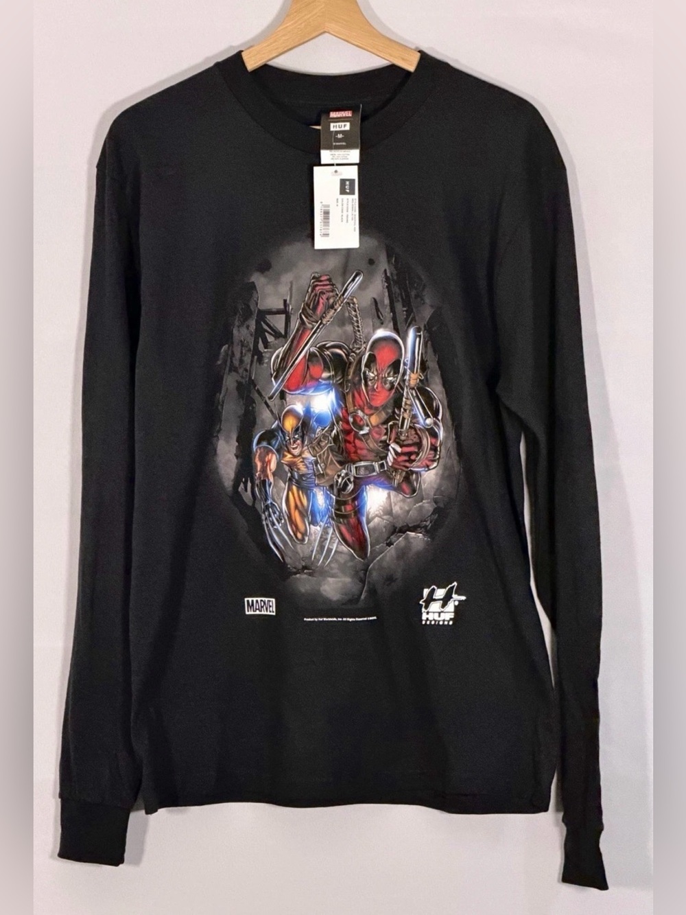 HUF Marvel Deadpool Wolverine Long Sleeve T-Shirt Mens Medium Black Streetwear